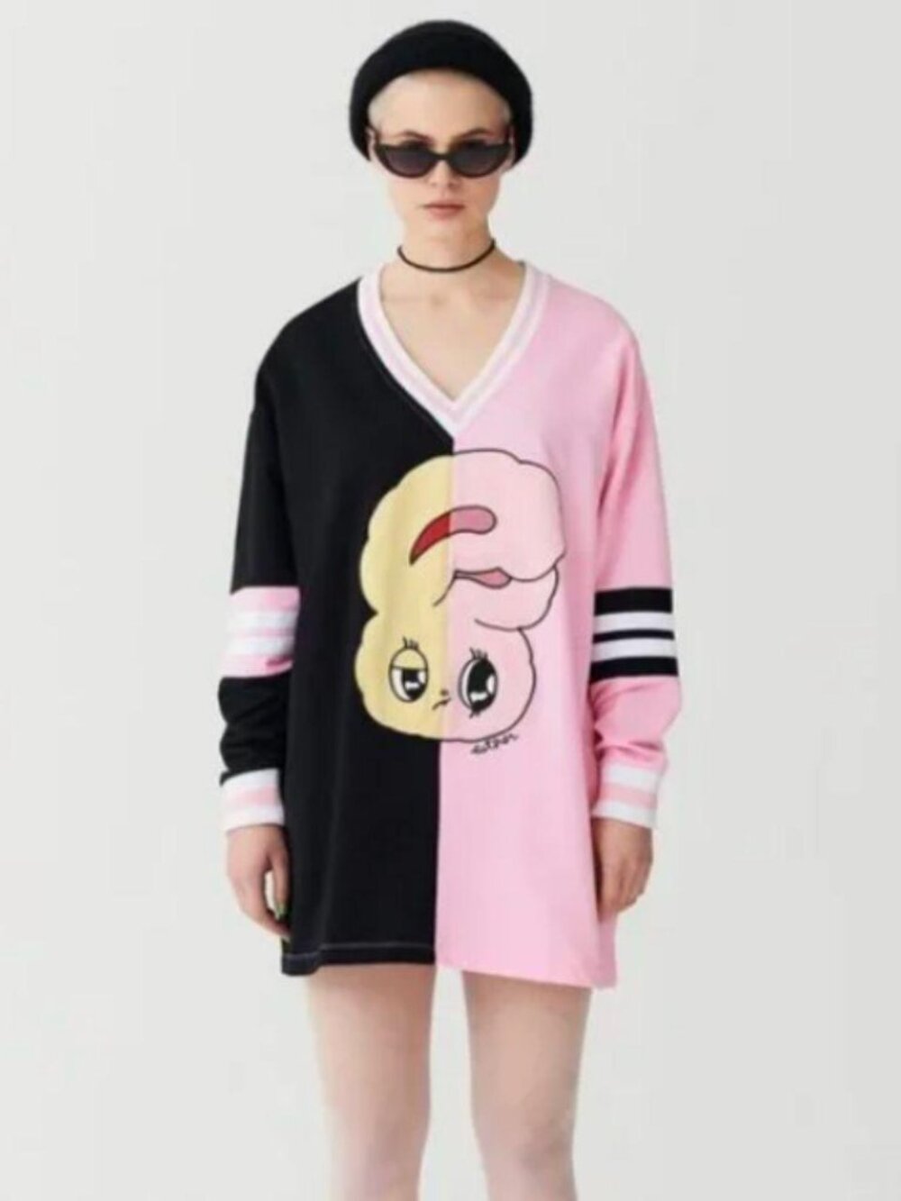 Lazy oaf x Esther Bunny Oversized Pink Black Graphic Applique Mini Dress Tunic
